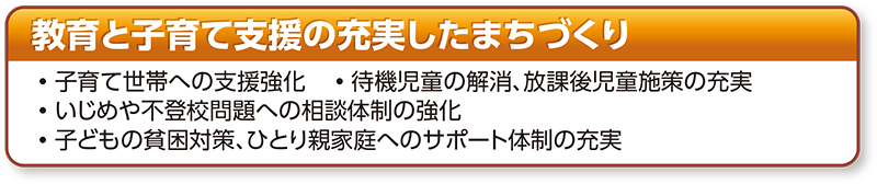 教育と子育て支援の充実したまちづくり 教育と子育て支援の充実したまちづくり •子育て世帯への支援強化　•待機児童の解消、放課後児童施策の充実 •いじめや不登校問題への相談体制の強化 •子どもの貧困対策、ひとり親家庭へのサポート体制の充実